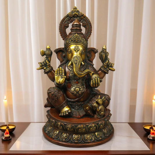 Brassaura™ Brass Ganesh on Pedestal in Blessing Posture – Height 14.5 Inches, Weight 11.37 Kgs