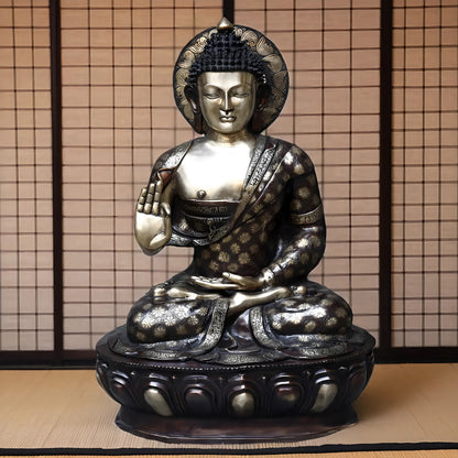 Brassaura™ Large Brass Buddha Statue with Carvings – Height 44 Inches | Weight 92.2 Kgs | Copper & Smooth Finish
