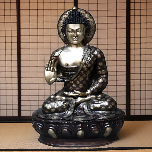 Brassaura™ Large Brass Buddha Statue with Carvings – Height 44 Inches | Weight 92.2 Kgs | Copper & Smooth Finish