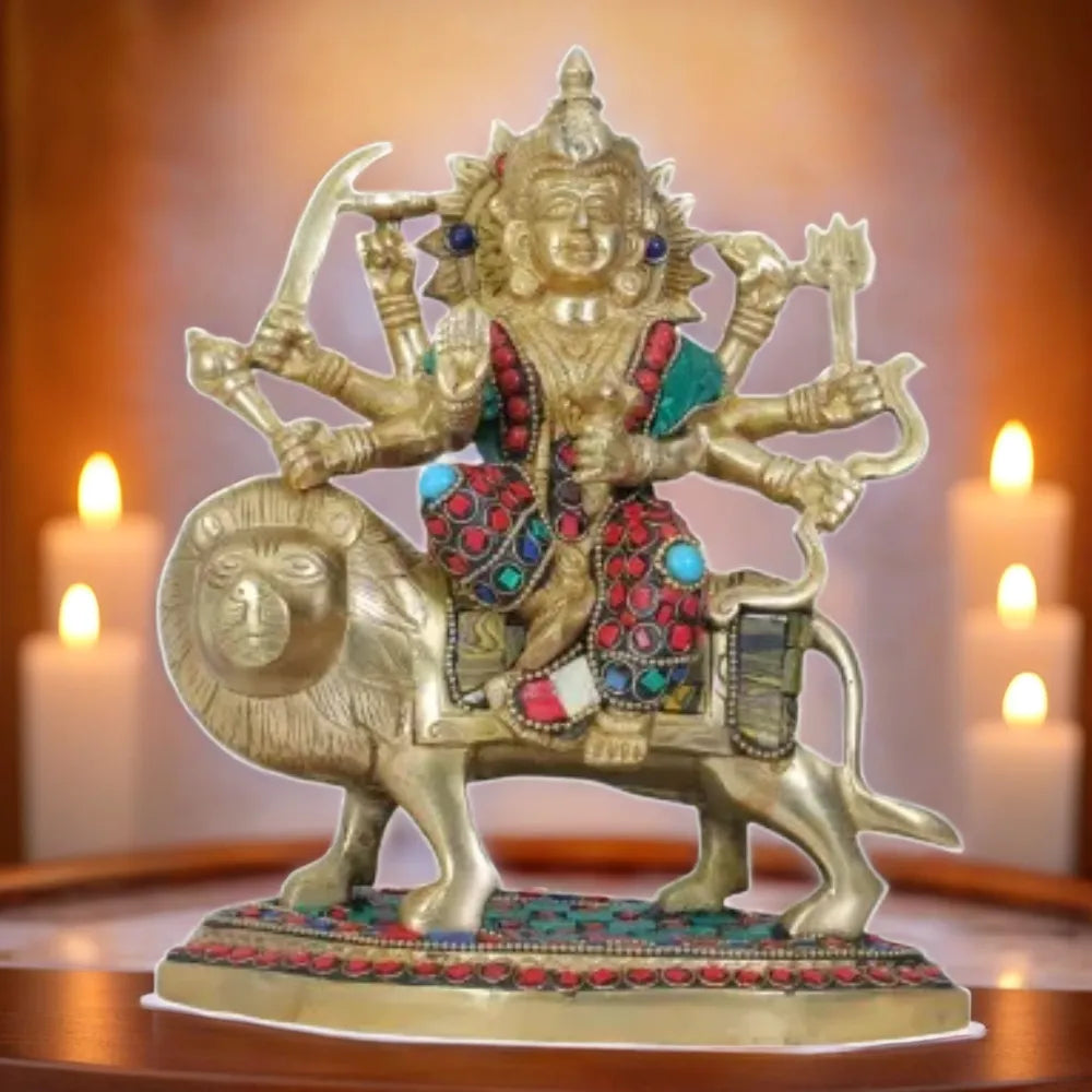 Brassaura™ Brass Gem Stone Work Durga for Home and Decor Height 10 Inches & Weight 2.72 Kgs