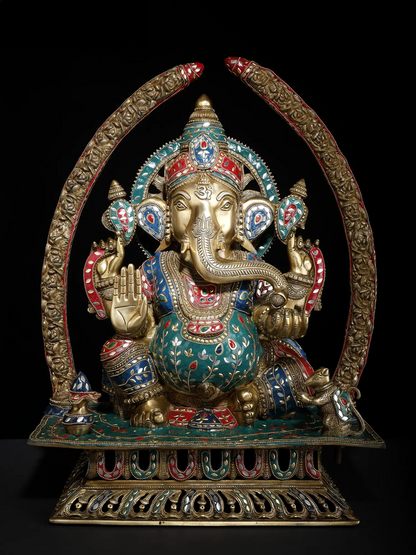 Brassaura™ Grand Seated Ganesha with Ornate Arch & Meenakari Inlay | Height 22 Inches & Weight 29.95 kgs