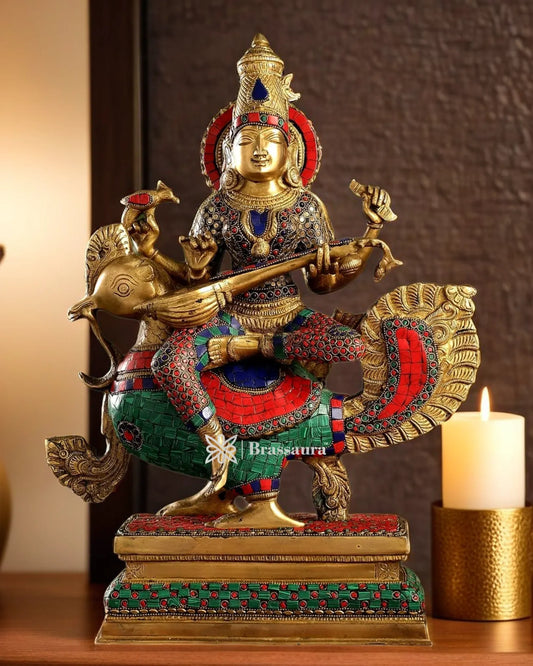 Brass Gem Stone Work Saraswati for Home and Decor Height 20 Inches & Weight 16 Kgs