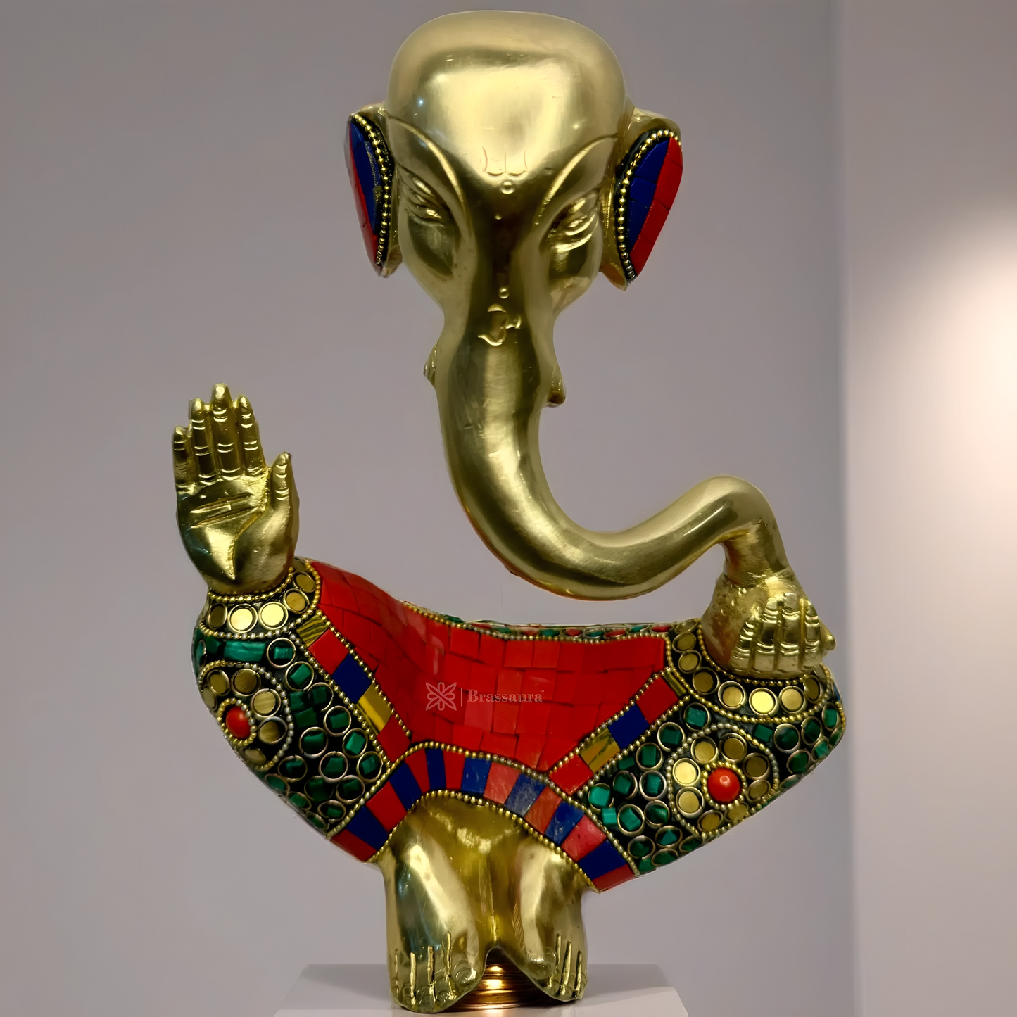 Brassaura™ Brass Gemstone Work Ganesha Murti – Height 12.99 inches | Weight 7 kgs