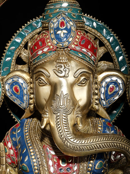 Brassaura™ Grand Seated Ganesha with Ornate Arch & Meenakari Inlay | Height 22 Inches & Weight 29.95 kgs
