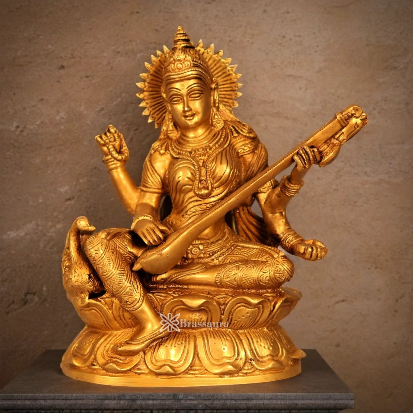 Brassaura™ Brass Saraswati Idol with Veena – Height 9.2 Inches & Weight 3.6 Kgs | Devotional Sculpture