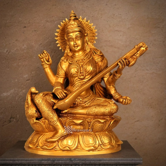 Brassaura™ Brass Saraswati Idol with Veena – Height 9.2 Inches & Weight 3.6 Kgs | Devotional Sculpture