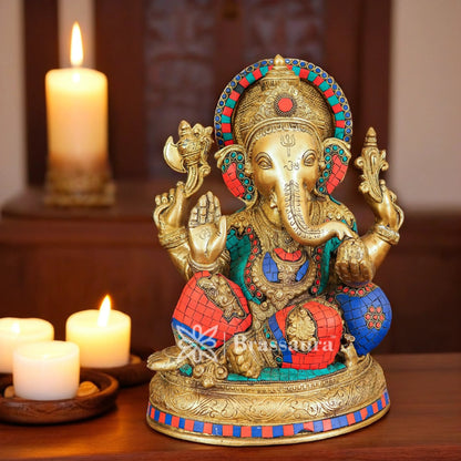 Brassaura™ Brass Gem Stone Work Ganesha Idol for Home and Decor | Weight 11.8 Kgs | Height 13 Inches