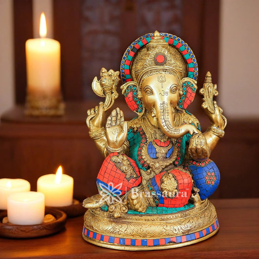 Brassaura™ Brass Gem Stone Work Ganesha Idol for Home and Decor | Weight 11.8 Kgs | Height 13 Inches