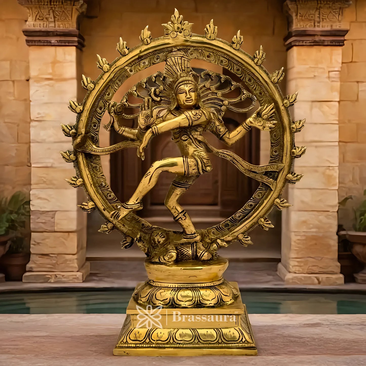 Brassaura® Dancing Nataraj Idol | Pure Brass with Golden Artwork | Height 13 Inches