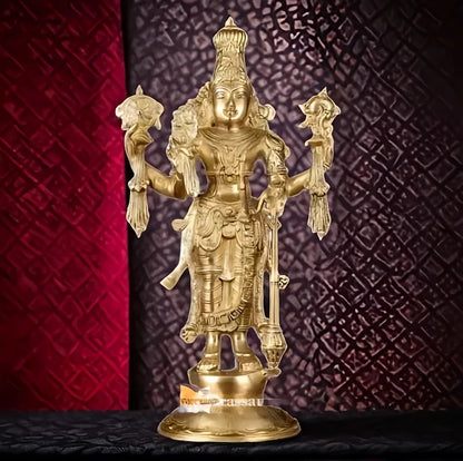 Brassaura™ Handcrafted Brass Lord Vishnu Statue with Four Arms | 20 Inch Height | 12 KG Weight | Golden Finish