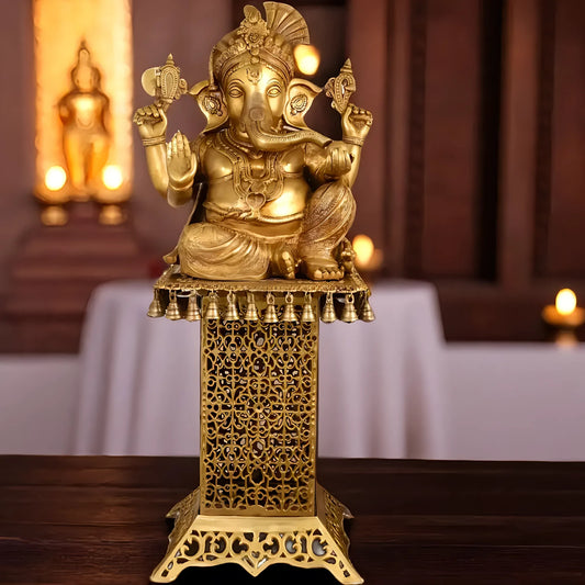 Brassaura™ Pure Brass Lord Ganesha Idol on Handcrafted Engraved Brass Stool | Grand Spiritual Showpiece | Total Weight 50.5 Kgs | Idol Height 21 Inches