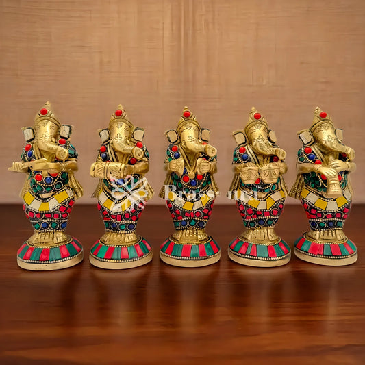 Brassaura™ Brass Work Instrumental Ganesha Idol for Home and Decor | Brass Ganesha Barat Statue  | Weight 3.3 Kgs | Height 5.1 Inches