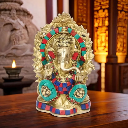 Brassaura™ Gemstone-Embellished Brass Ganesha Murti for Home & Temple Décor | Height 5.9 Inches & Weight 2.2 Kgs