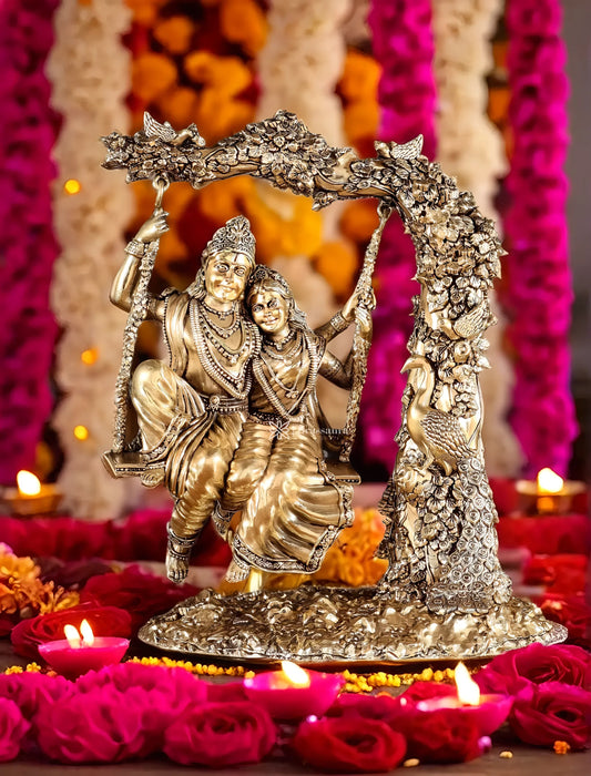 Brassaura™ Brass Radha Krishna Swing Idol – Height 8 Inches & Weight 1.1 Kg | Elegant Devotional Statue