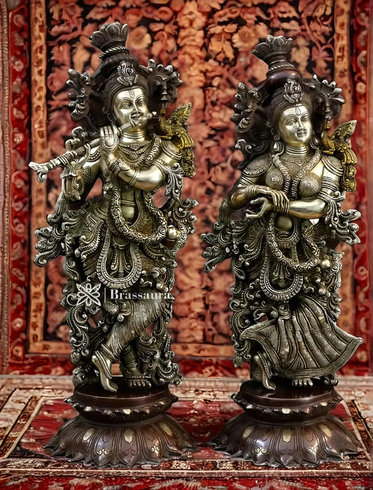 Brassaura™ Pure Brass Radha Krishna Idol Pair on Lotus Base – Height 27 Inches & Weight 39 Kgs | Dual Tone Brown & Gold Finish