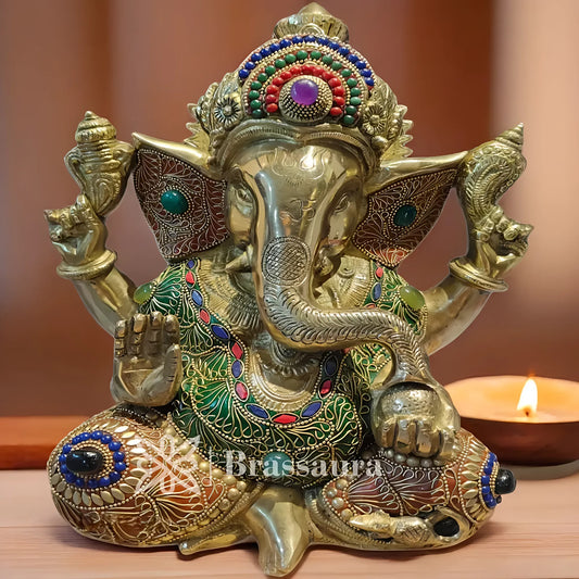 Brassaura™ Brass Gem Stone Work Ganesha Idol for Home and Decor | Weight 9 Kgs | Height 12 Inches
