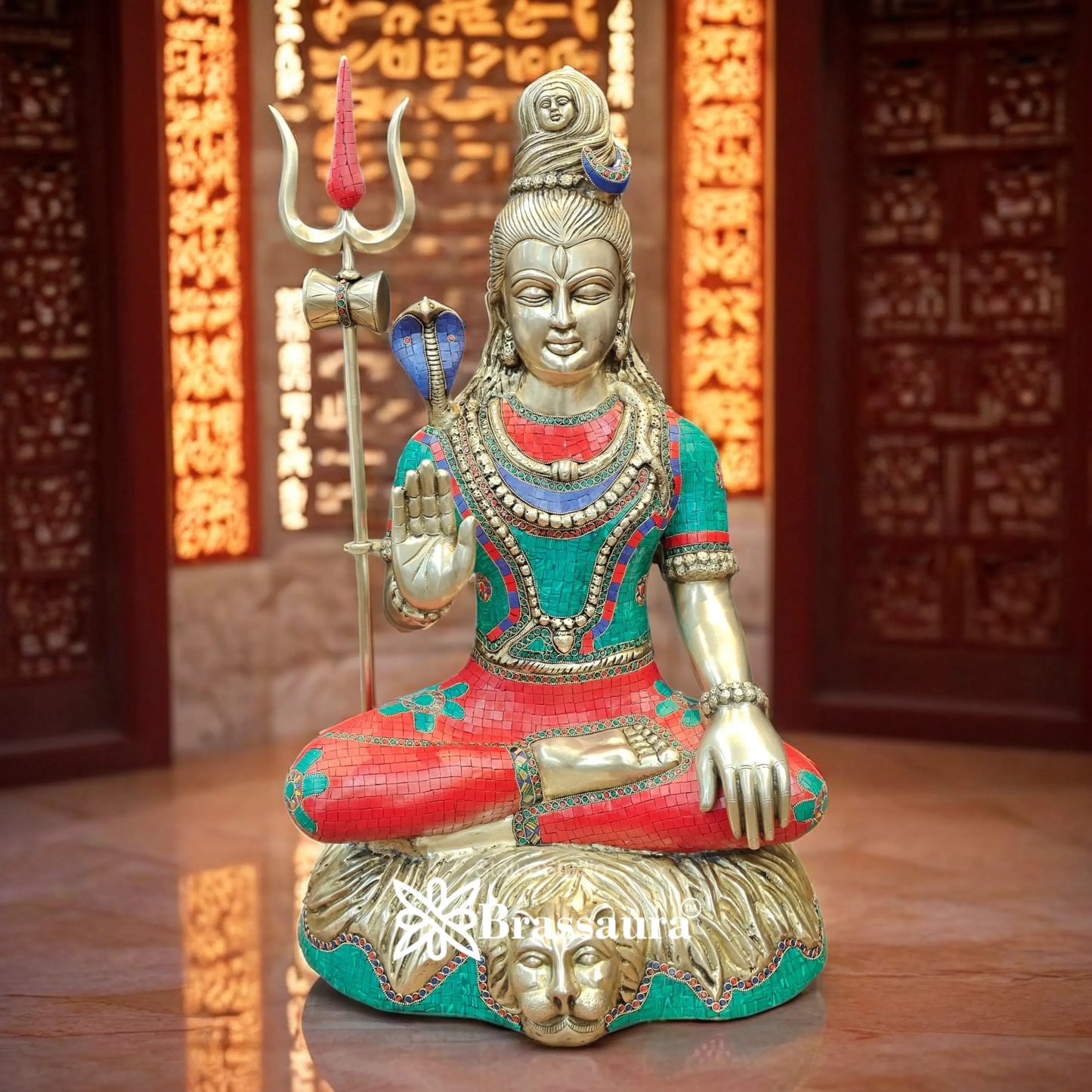 Brassaura™ Handcrafted Lord Shiva Brass Idol with Gem Embellishments – Height 34 Inches & 37 Kgs