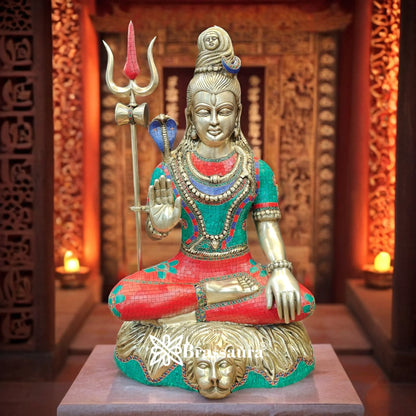 Brassaura™ Handcrafted Lord Shiva Brass Idol with Gem Embellishments – Height 34 Inches & 37 Kgs