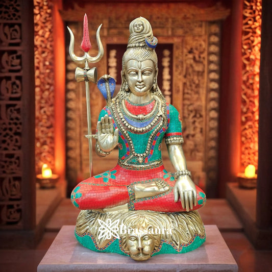 Brassaura™ Handcrafted Lord Shiva Brass Idol with Gem Embellishments – Height 34 Inches & 37 Kgs