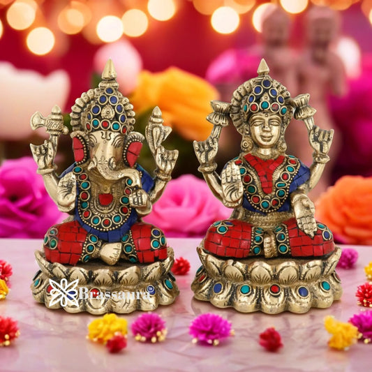 Brassaura™ Traditional Brass Gem Stone Work Laxmi Ganesha Murti – Height 5 Inches &  Weight 2.9 Kgs | Home &amp; Temple Idol