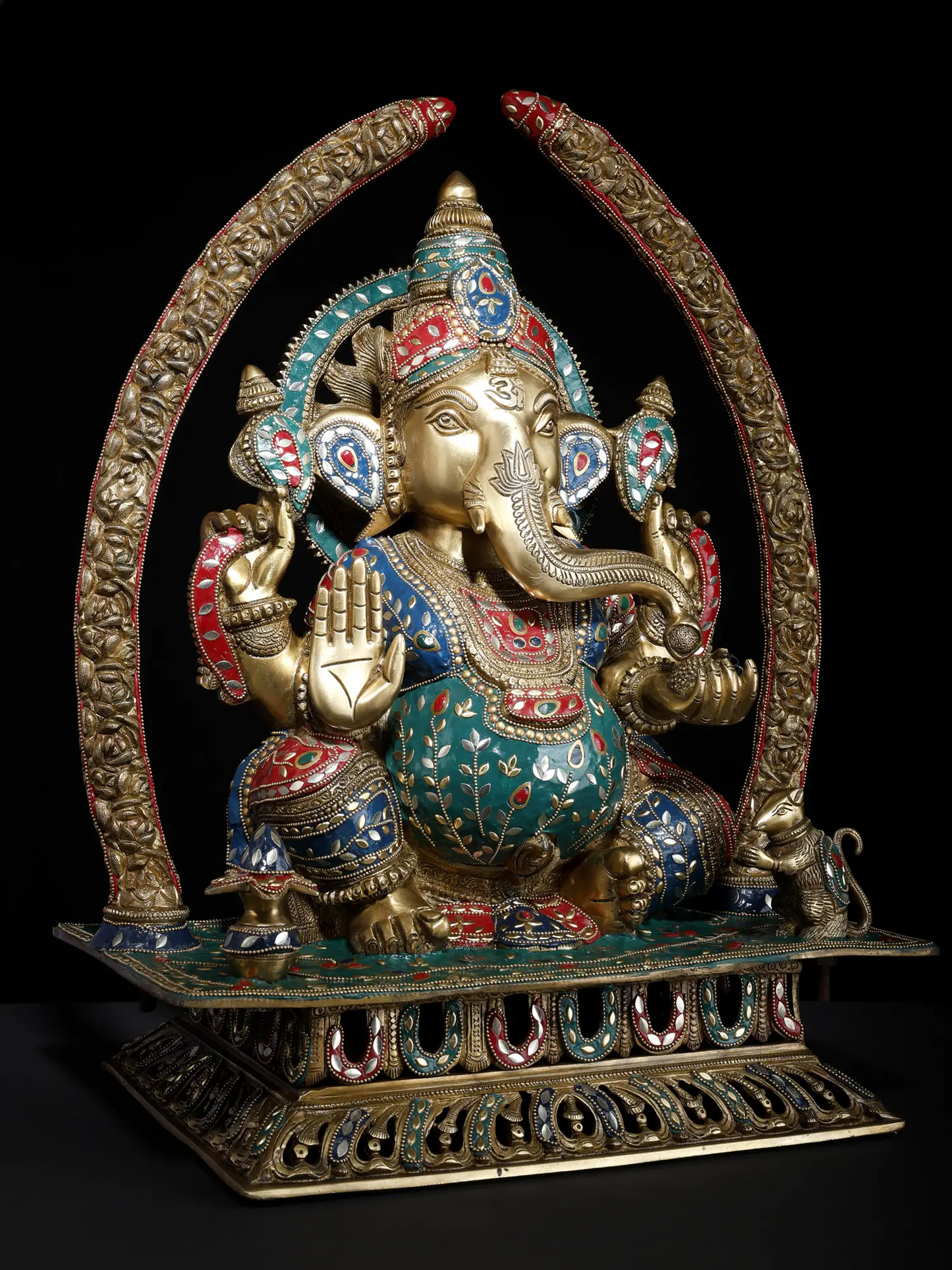 Brassaura™ Grand Seated Ganesha with Ornate Arch & Meenakari Inlay | Height 22 Inches & Weight 29.95 kgs
