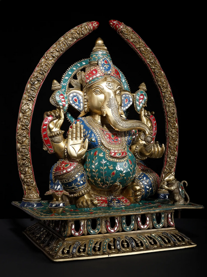 Brassaura™ Grand Seated Ganesha with Ornate Arch & Meenakari Inlay | Height 22 Inches & Weight 29.95 kgs