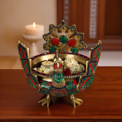 Brassaura™ Brass Peacock Shaped Urli Bowl with Stand – 2 kgs, 9 Inches Height – Elegant Handcrafted Home Decor