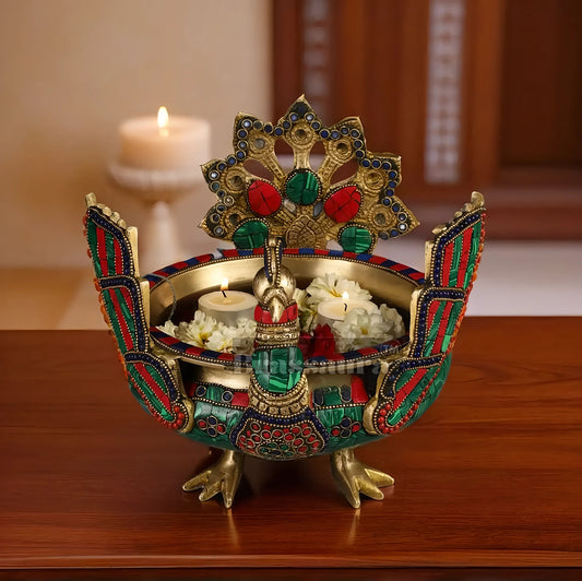 Brassaura™ Brass Peacock Shaped Urli Bowl with Stand – 2 kgs, 9 Inches Height – Elegant Handcrafted Home Decor