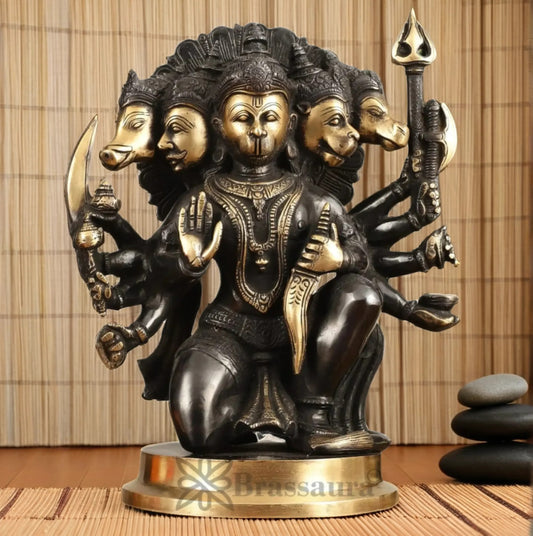 Brassaura™ Handmade Superfine Brass Panchmukhi Hanuman Idol – Height 11 Inches & Weight 6.6 Kgs | Black & Gold Heat-Treated Finish