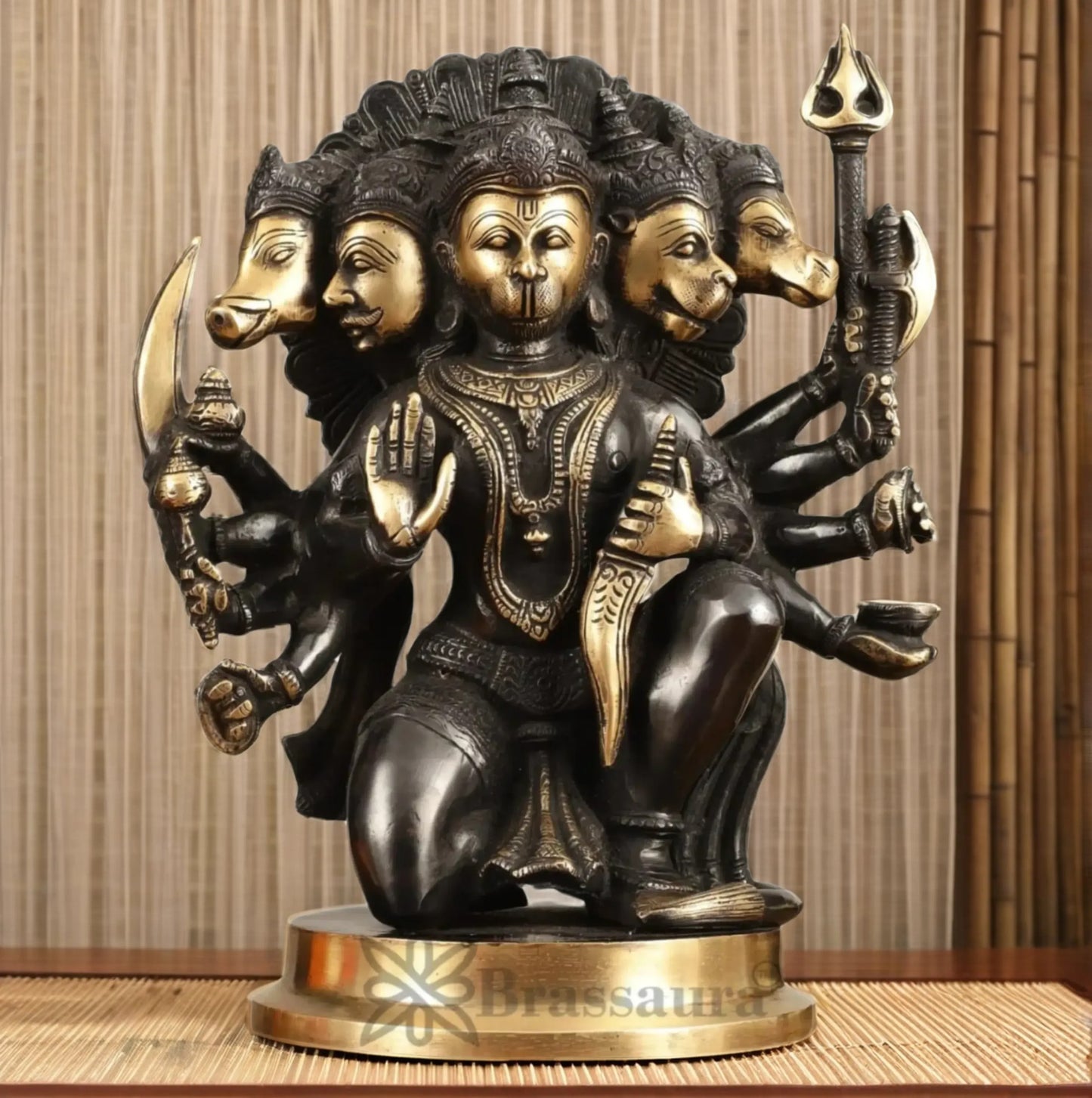 Brassaura™ Handmade Superfine Brass Panchmukhi Hanuman Idol – Height 11 Inches & Weight 6.6 Kgs | Black & Gold Heat-Treated Finish