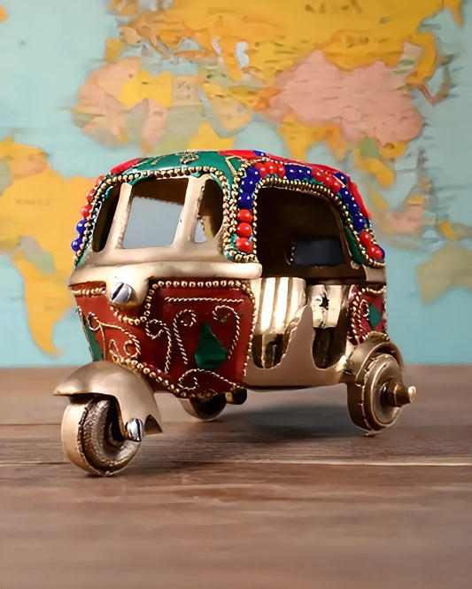 Brassaura™ Pure Brass Auto Rickshaw Showpiece with Colorful Stonework | Handcrafted Indian Souvenir Gift | Weight 520 g | Height 3 Inches