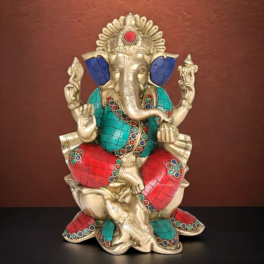 Brassaura™ Brass Multicolor Gemstone Ganesha Sitting on Lotus – Height 9.84 inches | Weight 4 kgs
