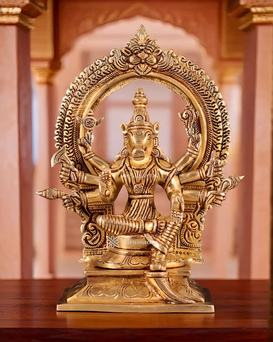 Brassaura™ Pure Brass Varahi Amman Idol – 8 Inch Height, 2 Kg Weight – Handcrafted Seated Goddess Statue with Prabhavali