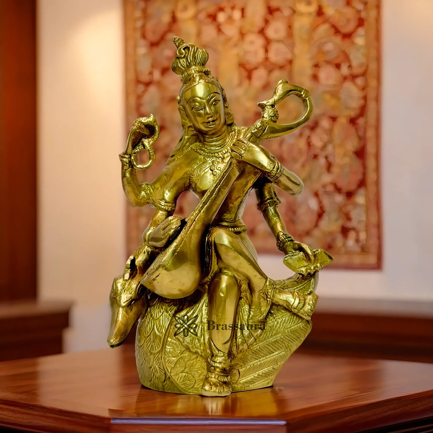 Brassaura™ Brass Saraswati Idol – Height 9.6 Inches & Weight 1.8 Kgs | Traditional Hindu Murti