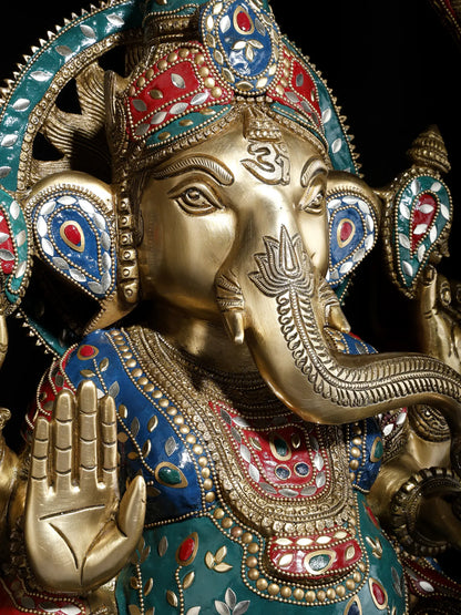 Brassaura™ Grand Seated Ganesha with Ornate Arch & Meenakari Inlay | Height 22 Inches & Weight 29.95 kgs