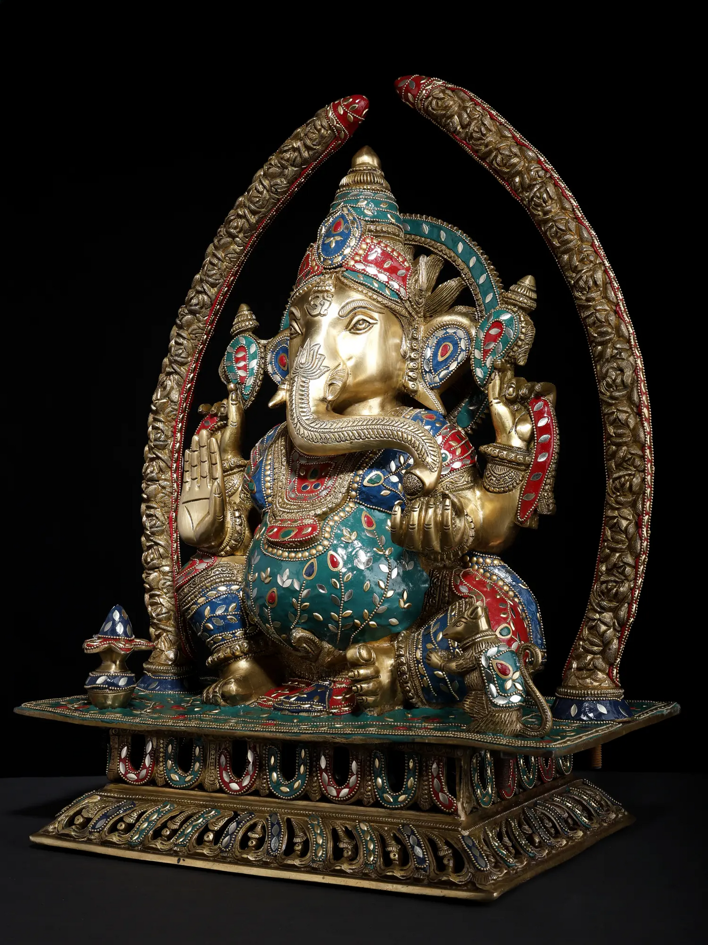 Brassaura™ Grand Seated Ganesha with Ornate Arch & Meenakari Inlay | Height 22 Inches & Weight 29.95 kgs
