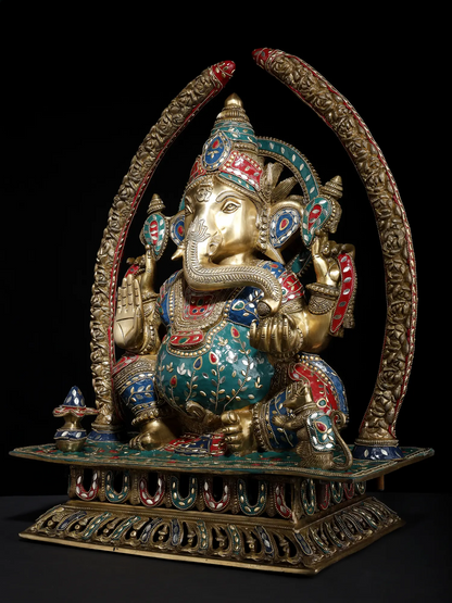 Brassaura™ Grand Seated Ganesha with Ornate Arch & Meenakari Inlay | Height 22 Inches & Weight 29.95 kgs
