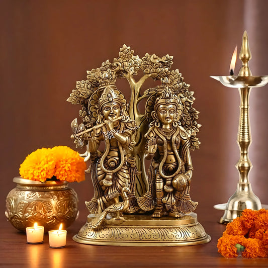 Brassaura™ Superfine Brass Radha Krishna Idols with Kalpavriksha & Peacock – Height 14 Inches & Weight 7.59 Kgs | Devotional Pair
