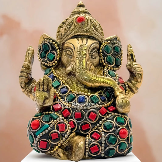 Brassaura™ Brass Multi-Color Gem Stone Ganesha Statue – Height 3.5 inches & Weight 0.65 kgs | Ganpati Idol for Home & Pooja Room