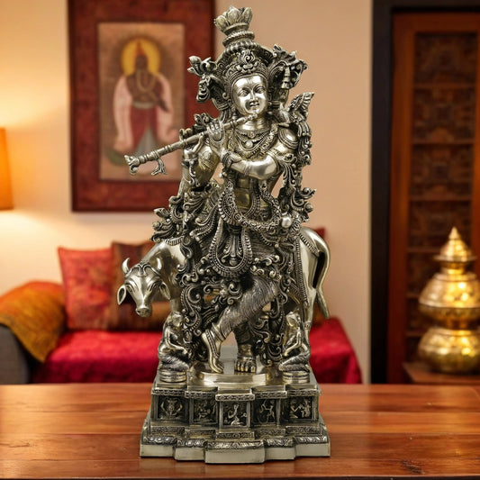 BrassAura™ Brass Krishna with Cow – Flute Playing Idol | Smooth Finish | Height 29 Inch | Weight 34.8 Kg