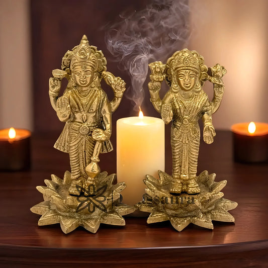 Brassaura™ Brass Vishnu Laxmi – Height 4.8 Inches & Weight 0.6 Kgs | Graceful Deity Sculpture for Sacred Spaces