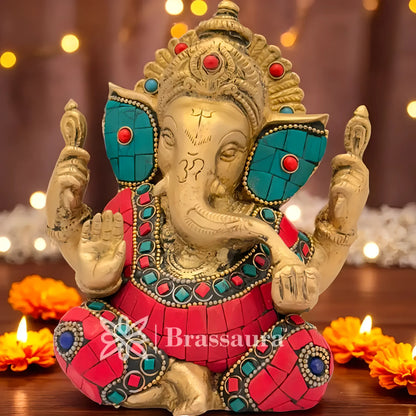 Brassaura™ Brass Beautiful Gem Stone Work Ganesha Idol for Home and Decor | Weight 1.6 Kgs | Height 5.5 Inches
