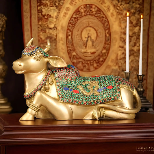 Brassaura™ Handcrafted Brass Nandi Statue – Height 7.5 Inches & Weight 7 Kgs | Devotional Sculpture