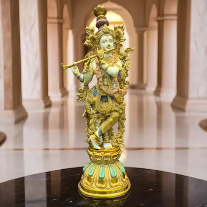 ब्रासोरा® वृंदावन वेणुगोपाल कृष्ण पीतल की प्रतिमा मोर के साथ | एंटीक नीला और सुनहरा रंग | ऊँचाई 20 इंच