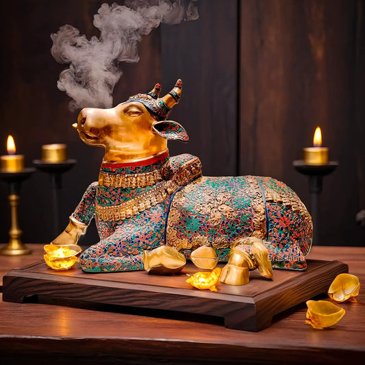 Brassaura™ Handcrafted Brass Wirework Nandi Bull with Natural Stones – Height 21 Inches & Weight 30 Kgs | Majestic Temple Idol