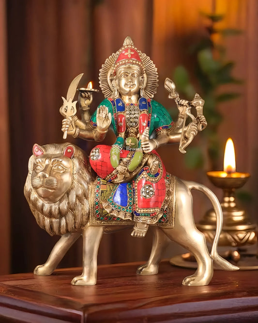 Brassaura™ 17-Inch Brass Sherawali Mata Idol with Meenakari Stonework – 12kg – Handcrafted Goddess Durga Statue for Spiritual & Decorative Spaces