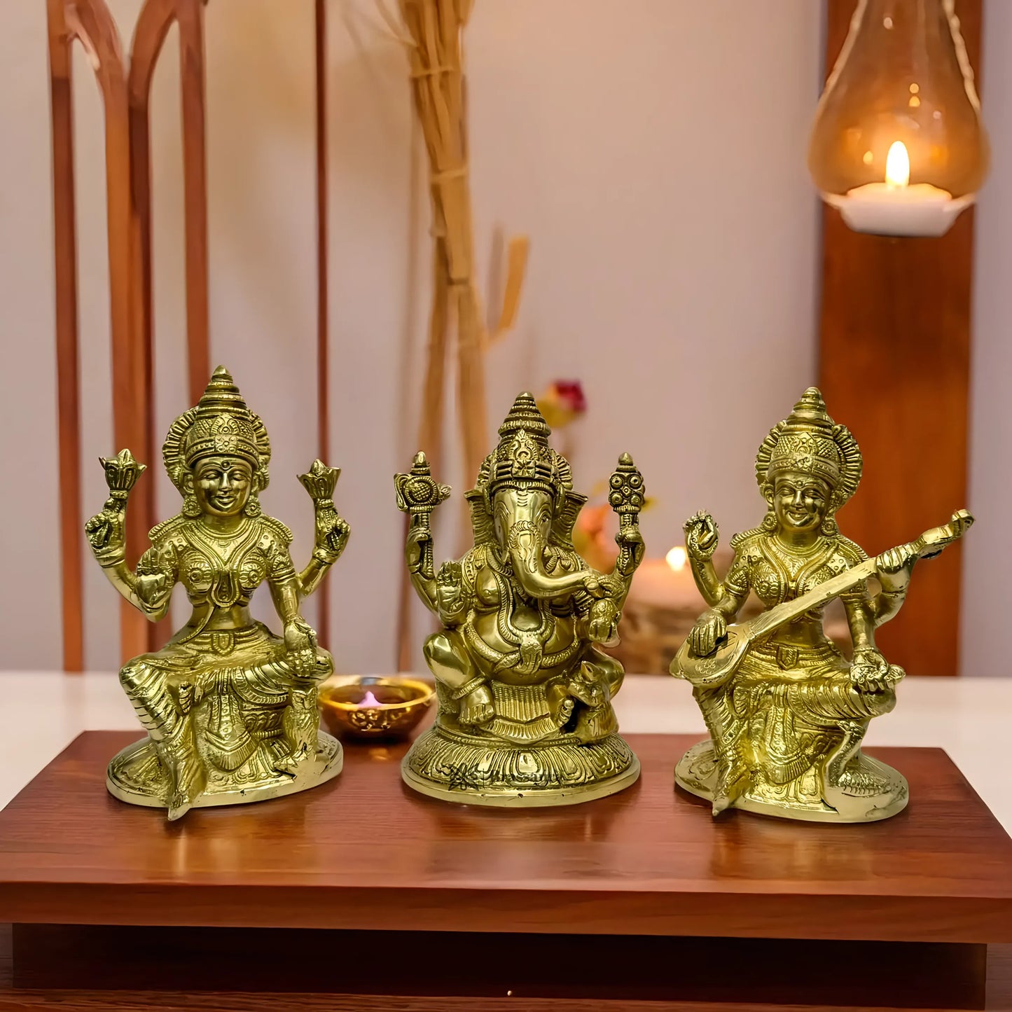 Brassaura™ Brass Laxmi Ganesha Saraswati Idol – Height 7.2 Inches & Weight 4.8 Kgs | Hindu Devotional Idol