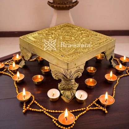 Brassaura™ Brass Pooja Chowki  – Height 2.4 Inches & Weight 1.1 Kgs | Home Temple & Spiritual Décor