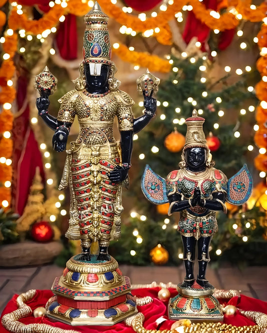 Handcrafted Brass Tirupati Balaji with Garuda – Height 33.5 Inches (22 Kgs) & 22 Inches (10 Kgs) | Black & Golden Finish