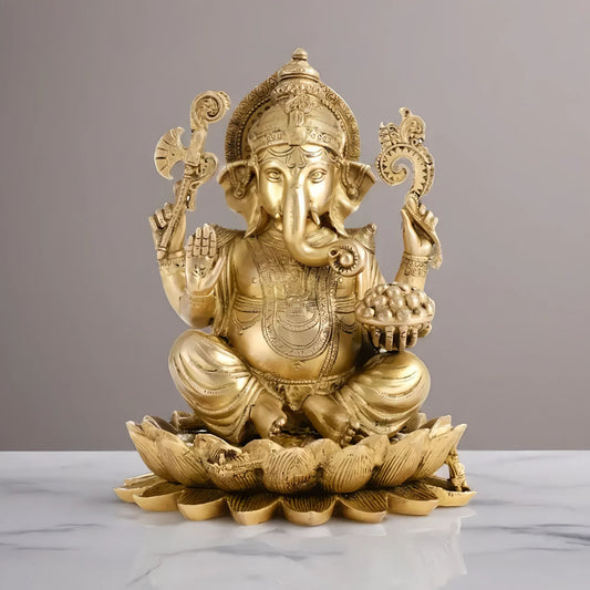 Brassaura™ Brass Ganapati Seated on Lotus | Handcrafted Fine Quality Sculpture | Height 12 Inches & Weight 9 Kgs